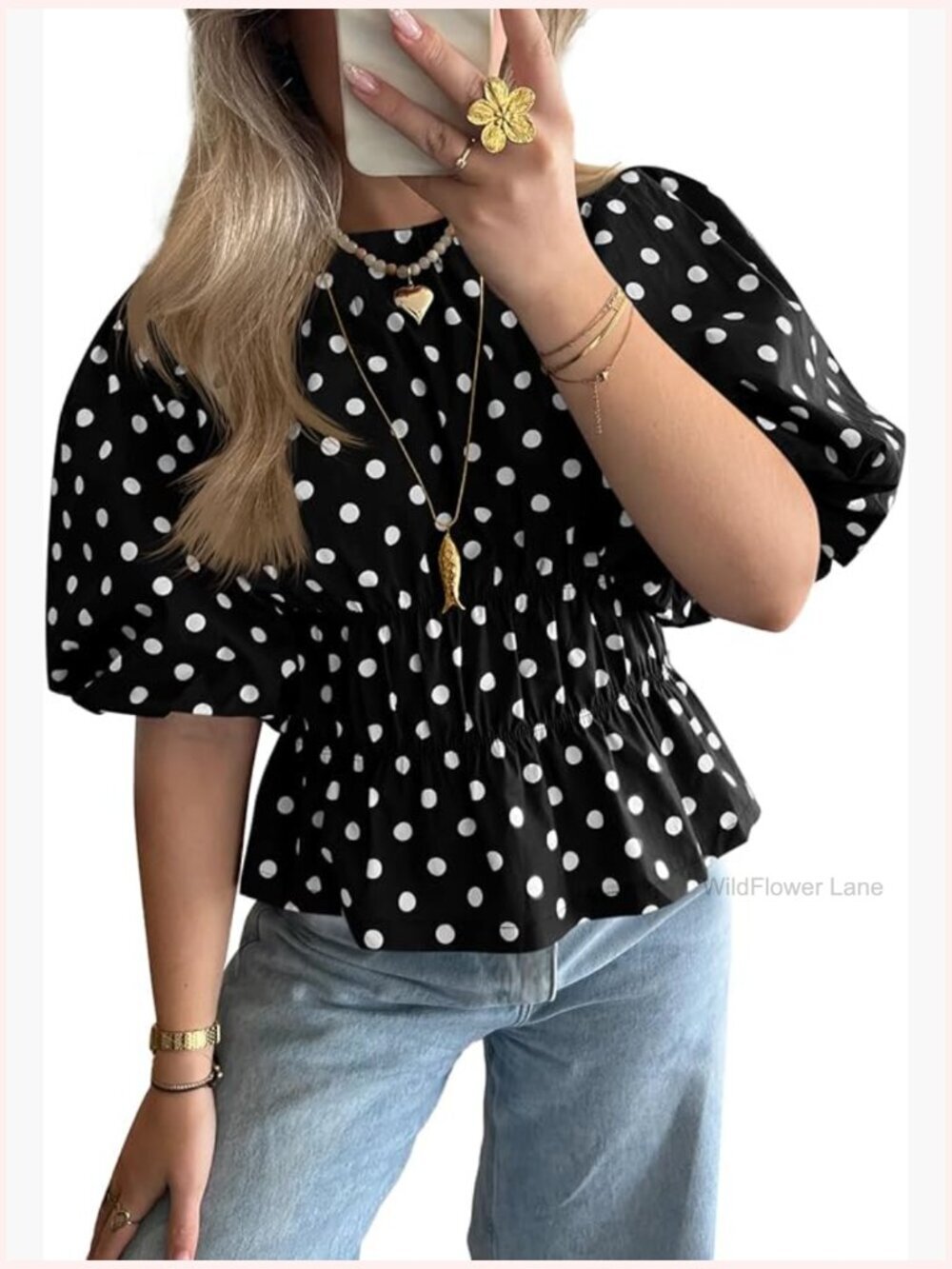 Polka Dot Puff Sleeve Peplum Blouse Top Trendy Summer